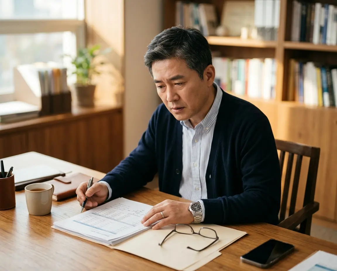 압류 통보 서류를 확인하며 고민하는 남성