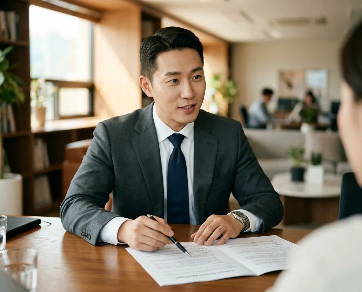 계약서의 세부 사항을 짚으며 설명하는 전문가