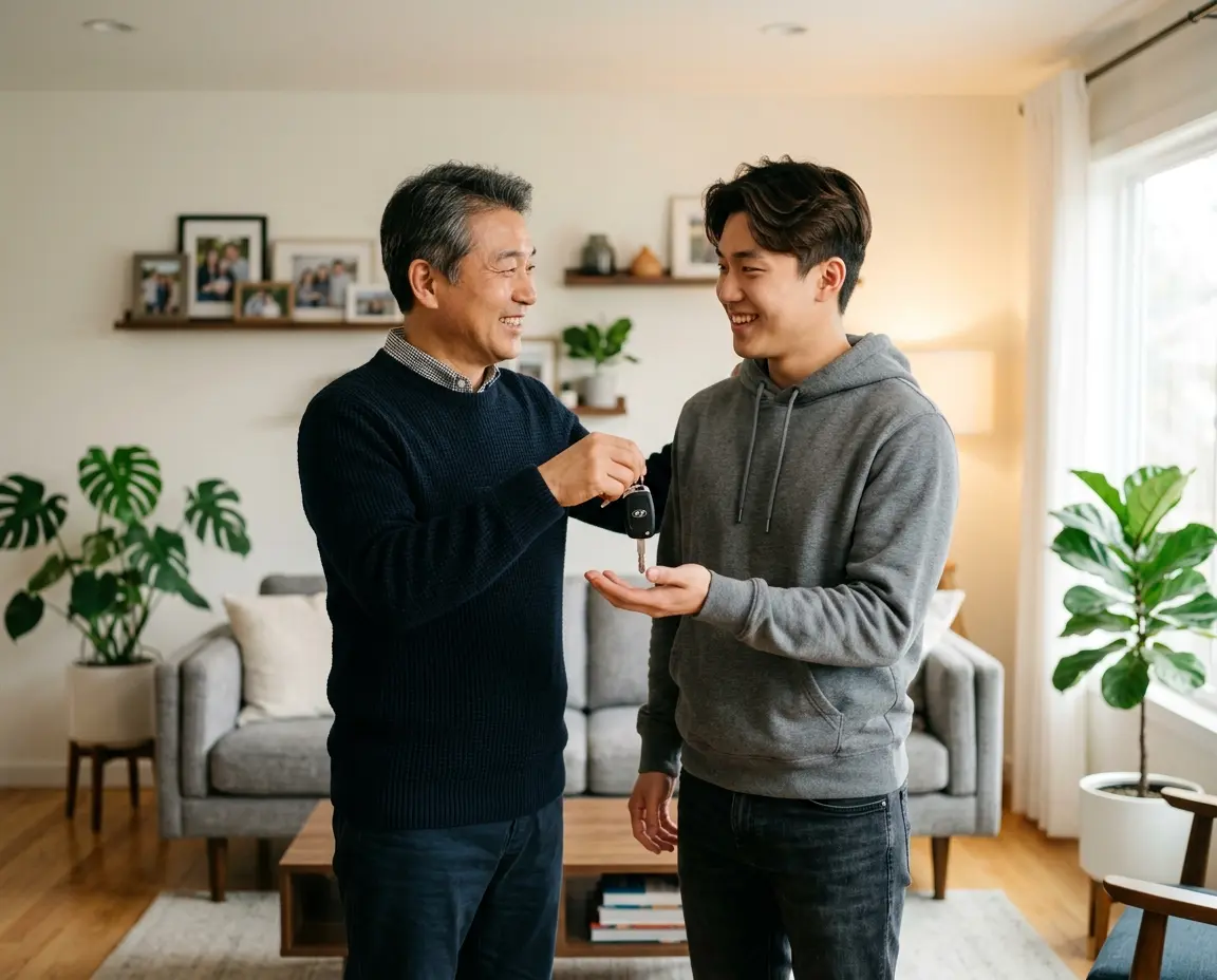 부모가 자녀에게 장기렌트 차량 키를 건네는 모습
