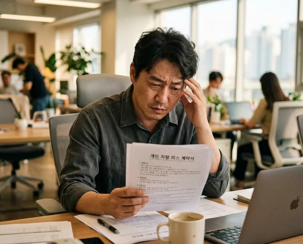 장기렌트 계약서를 보며 고민하는 남성
