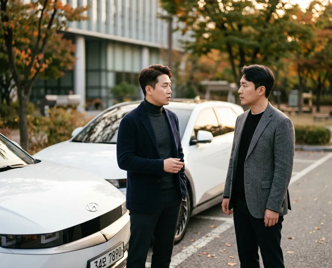 차량 앞에서 진지하게 대화를 나누는 두 남성
