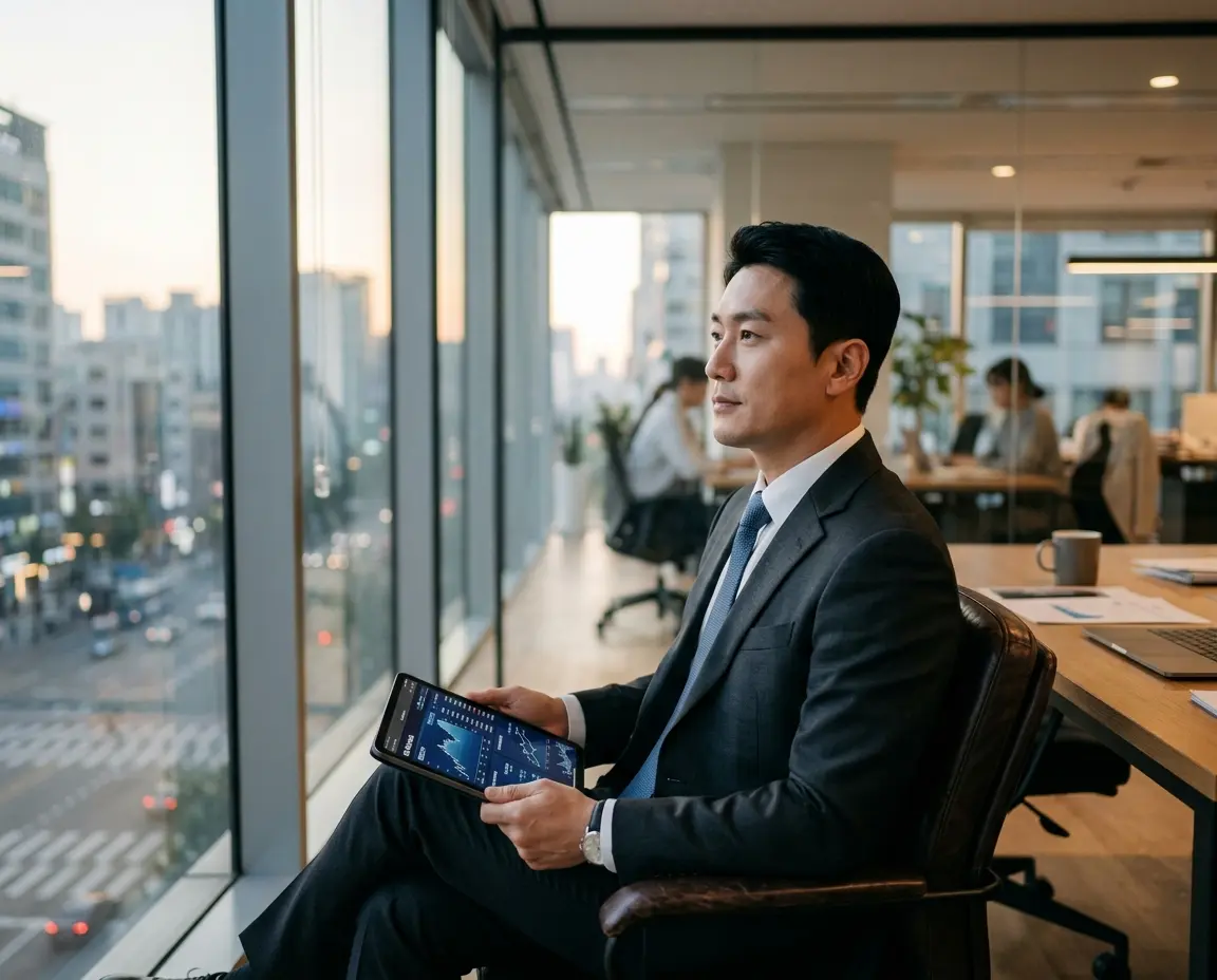 사무실에서 태블릿으로 재무 그래프를 확인하며 고민하는 40대 남성 사업가
