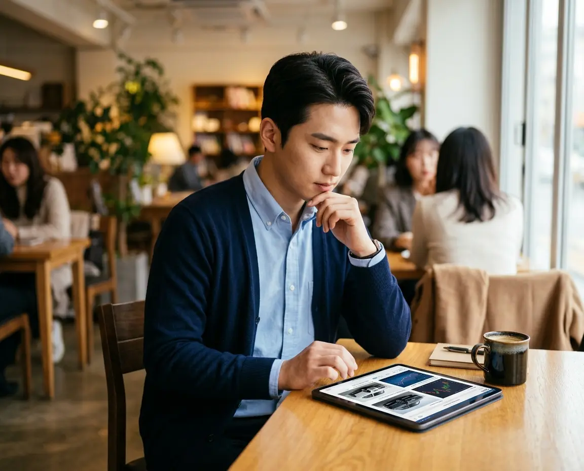 장기렌트 조건을 알아보고 있는 사회초년생의 모습
