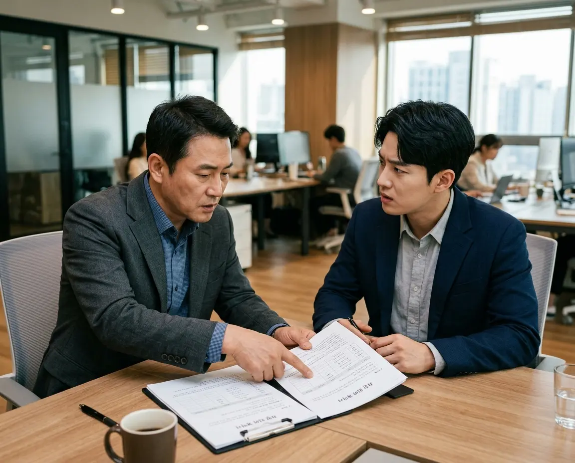 사무실에서 렌트카 계약서를 펼쳐놓고 심각하게 논의 중인 두 남성