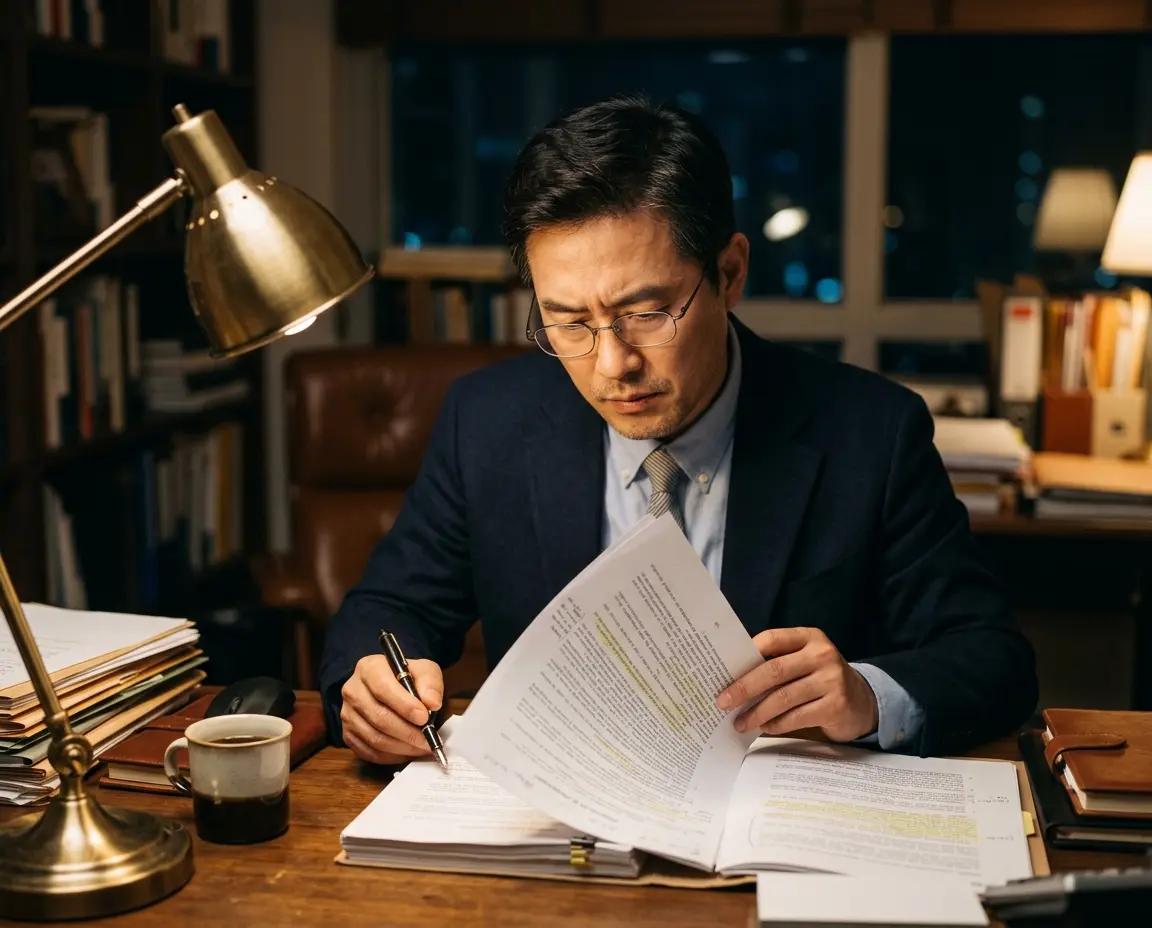 심각한 표정으로 계약서와 청구서를 검토하는 남성