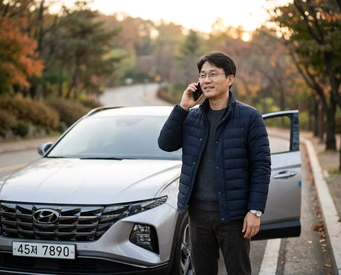 차량 옆에서 안도하며 고객센터에 전화하는 남성