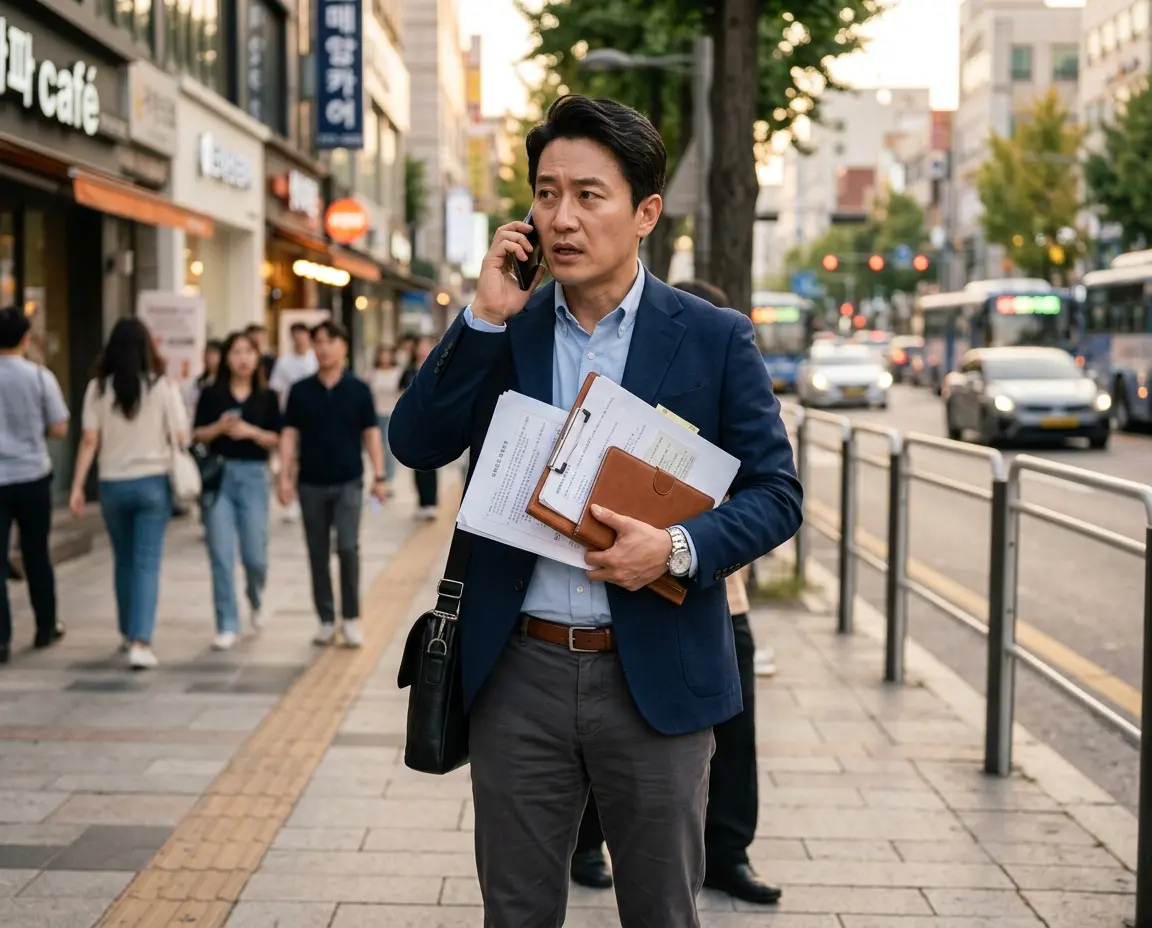 서류를 들고 렌트사에 긴급히 전화하는 남성