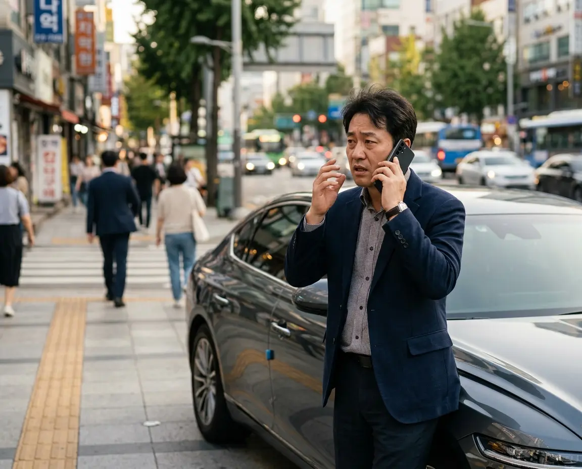 차량 인도 일정 문제로 통화하며 스트레스 받는 남성