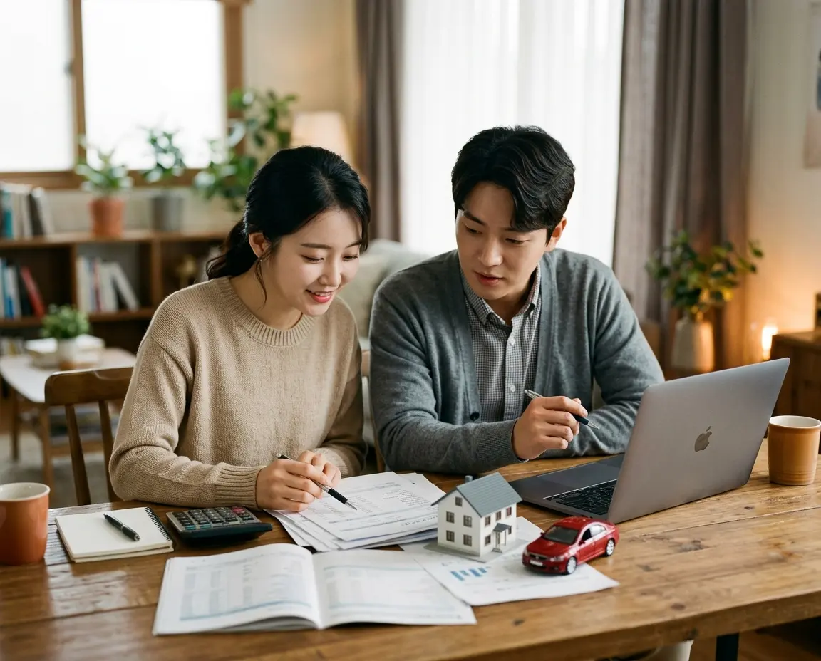 테이블에 앉아 재무 계획과 대출 관련 서류를 검토하는 신혼부부