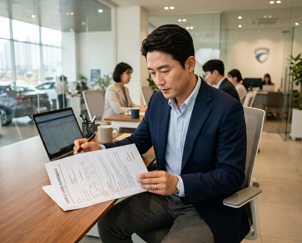 자동차 리스 계약서를 검토하는 전문가의 모습