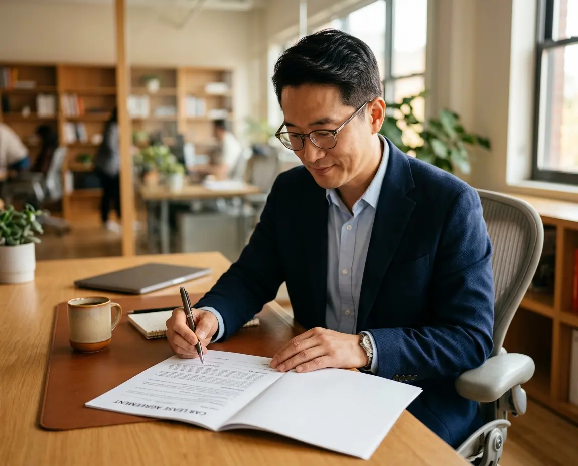 장기렌트 견적서를 꼼꼼히 검토하는 남성