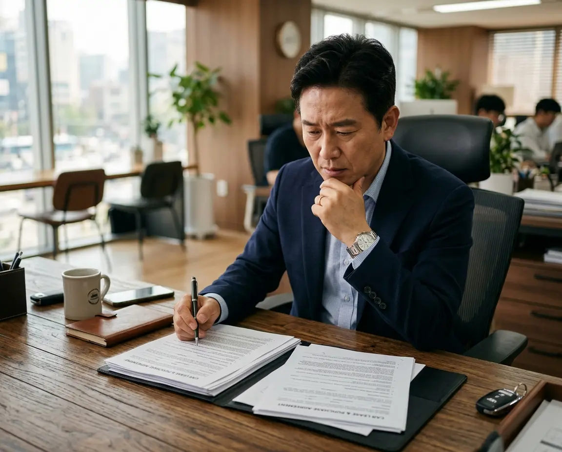 자동차 계약 서류를 보며 고민하는 남성