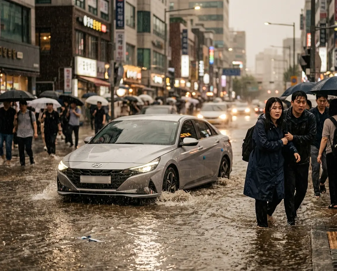 집중호우로 인해 도로에 침수된 장기렌트 차량