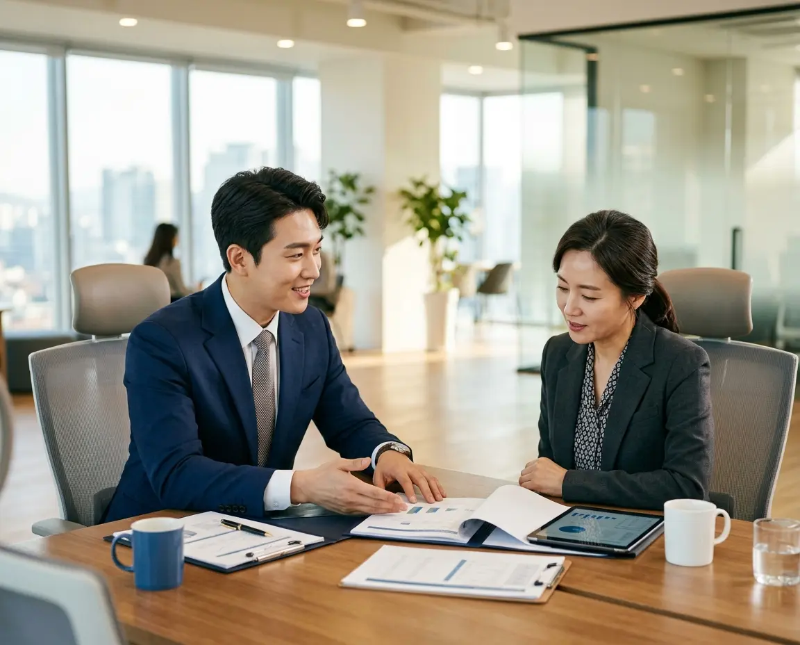 사무실에서 고객에게 계약 서류를 설명하는 전문가