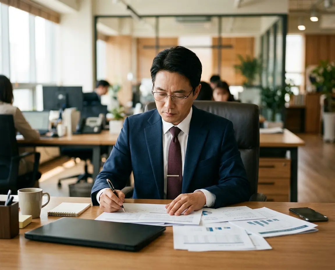 사무실에서 법인 차량 관련 서류를 검토하는 비즈니스맨