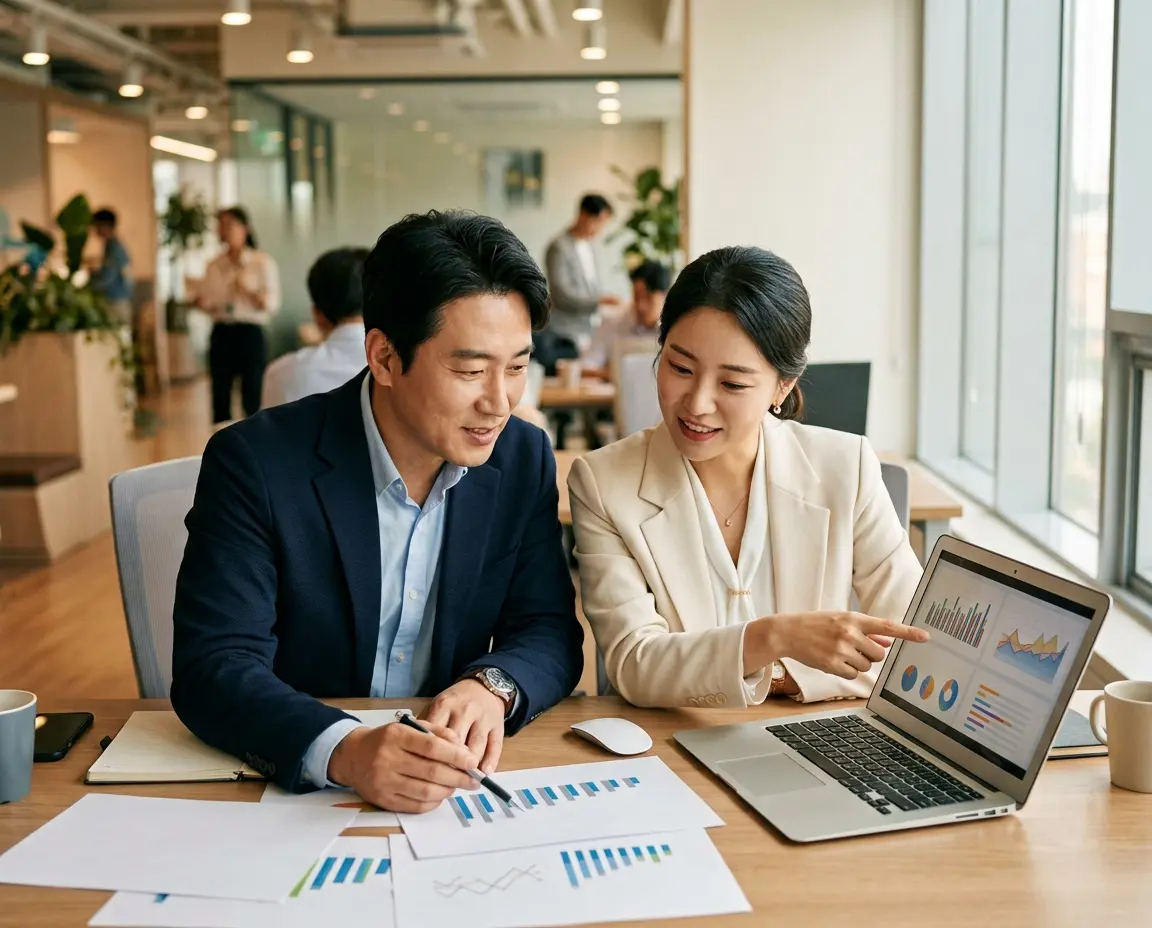 노트북과 서류 데이터를 대조하며 세무 소명 자료를 검토하는 실무자들