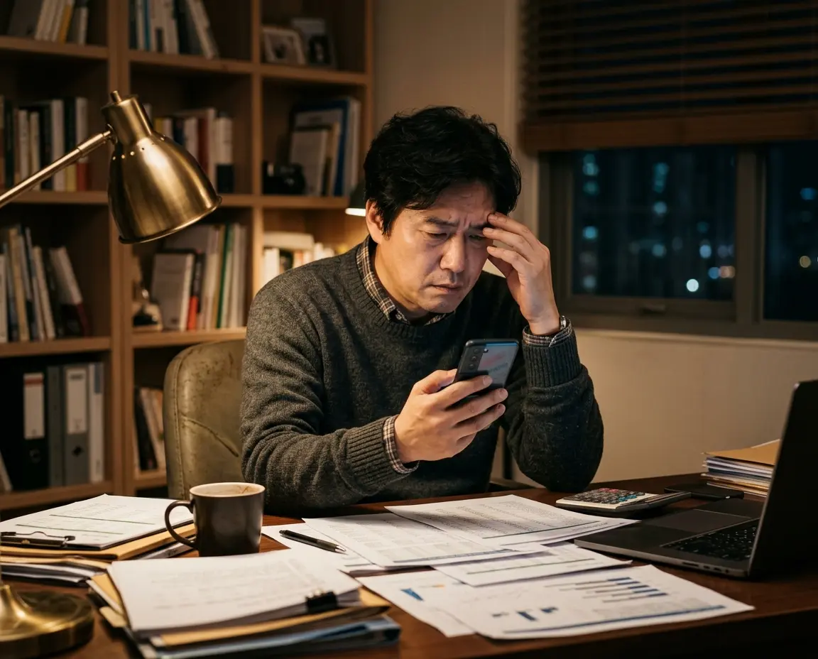 자동차 할부 연체로 인해 서류를 보며 고민하는 남성