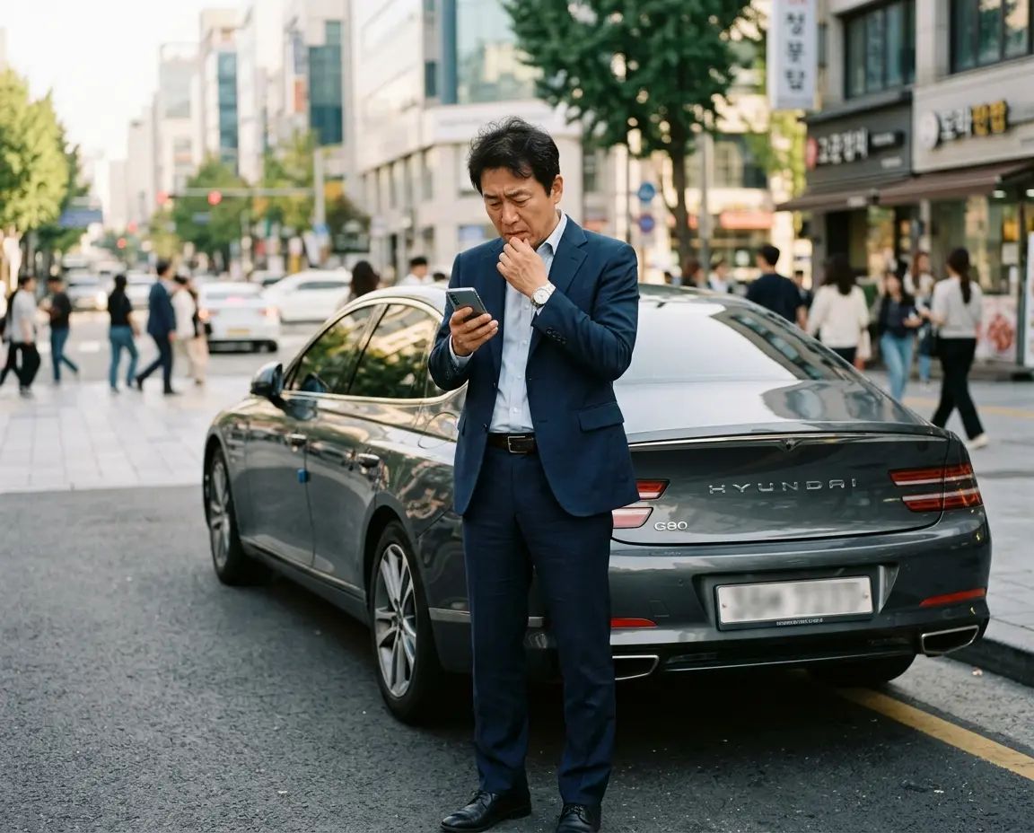 업무용 장기렌트카 사고로 당황하는 사업가