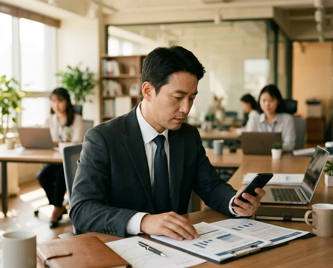 서류를 보며 고민하는 40대 남성