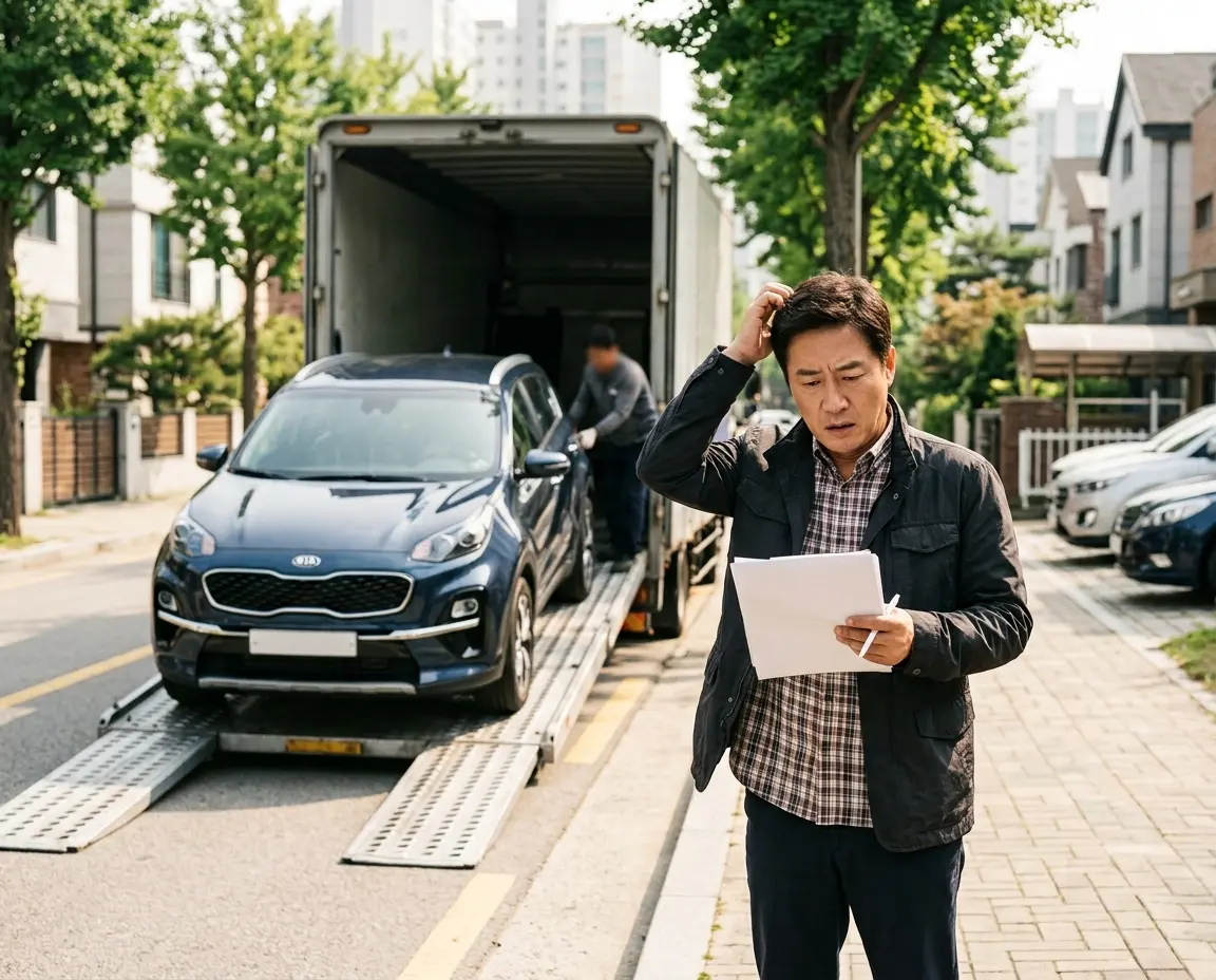 신차 탁송 현장에서 계약서와 차량을 대조하며 당황하는 모습