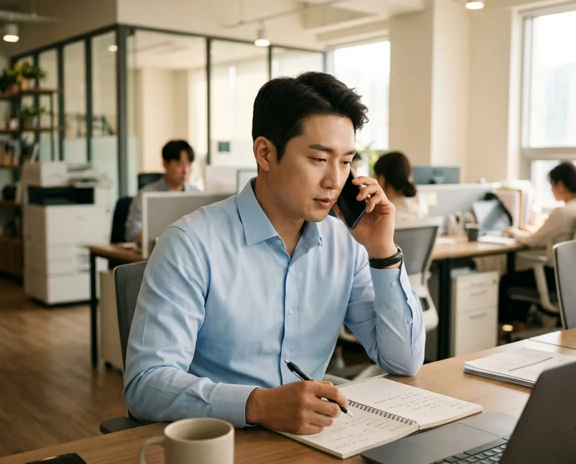 캐피탈사 담당자와 진지하게 전화 협상을 하는 남성